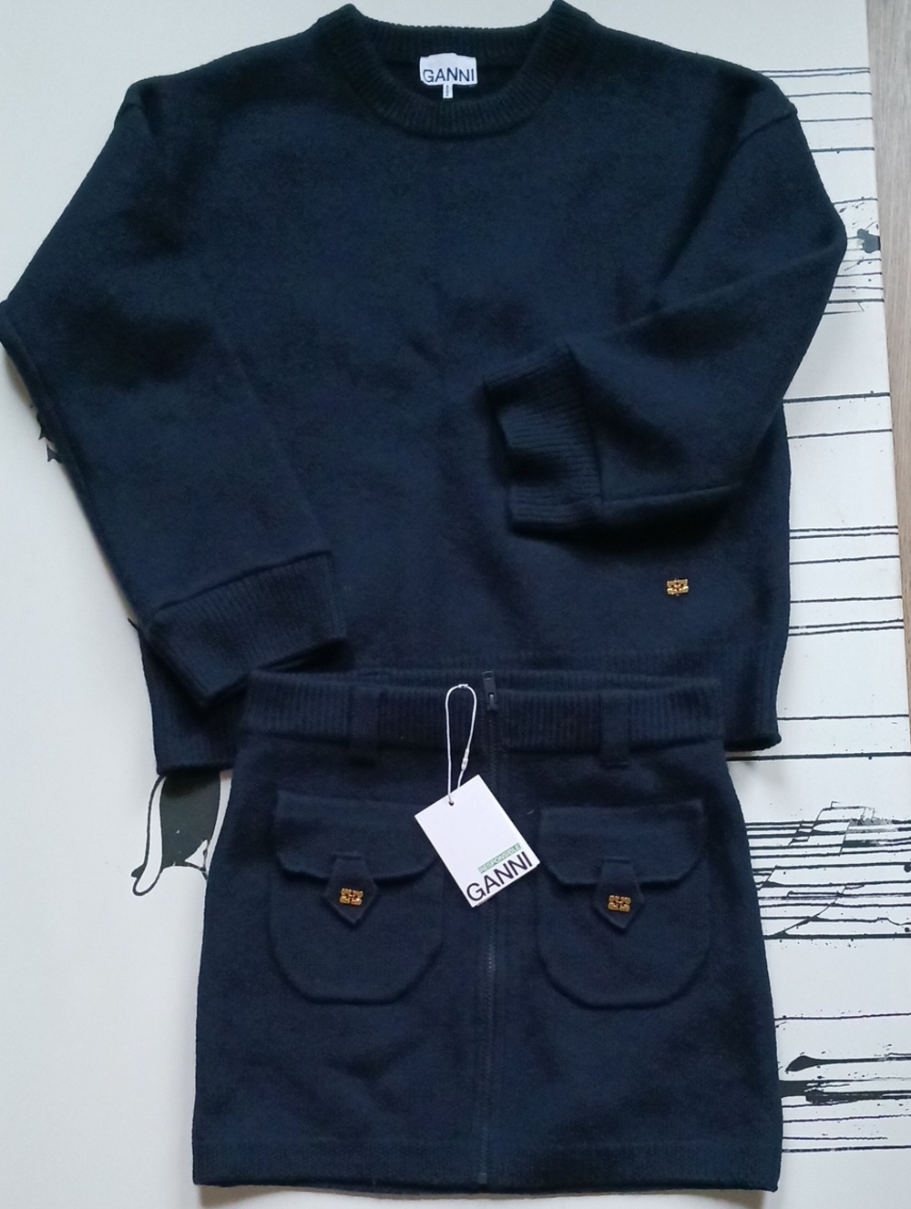 NWT GANNI  Navy Knit Set, Sweater Size S, and Ganni Skirt Size XXS/XS